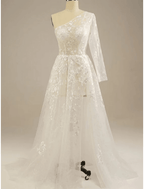 NumberSea - Beach Sexy Boho Wedding Dresses Court Train Sheath / Column Long Sleeve One Shoulder Lace With Split Front