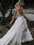 NumberSea - Beach Sexy Boho Wedding Dresses Court Train Sheath / Column Sleeveless Spaghetti Strap Lace With Appliques Split Front
