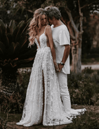 NumberSea - Beach Sexy Boho Wedding Dresses Court Train Sheath / Column Sleeveless Spaghetti Strap Lace With Appliques Split Front