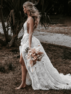 NumberSea - Beach Sexy Boho Wedding Dresses Court Train Sheath / Column Sleeveless Spaghetti Strap Lace With Appliques Split Front