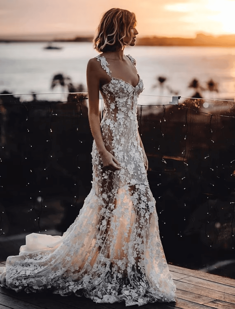 NumberSea - Beach Sexy Boho Wedding Dresses Court Train Sheath / Column Sleeveless V Neck Lace With Appliques