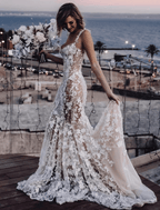 NumberSea - Beach Sexy Boho Wedding Dresses Court Train Sheath / Column Sleeveless V Neck Lace With Appliques