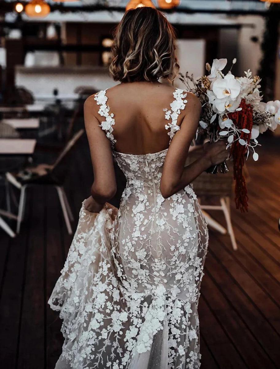 NumberSea - Beach Sexy Boho Wedding Dresses Mermaid / Trumpet Sweetheart Regular Straps Court Train Lace Bridal Gowns With Appliques Summer Fall Wedding Party