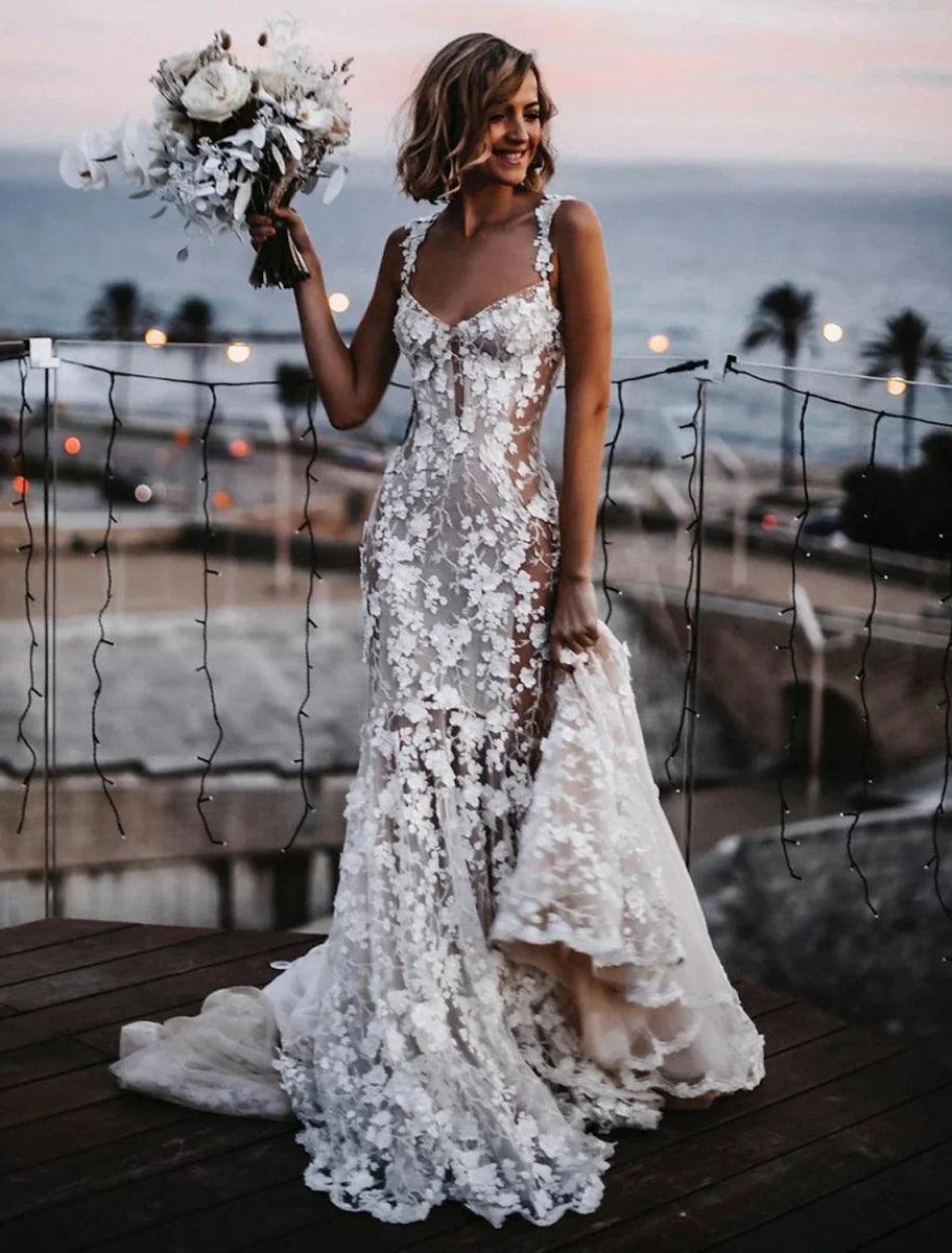 NumberSea - Beach Sexy Boho Wedding Dresses Mermaid / Trumpet Sweetheart Regular Straps Court Train Lace Bridal Gowns With Appliques Summer Fall Wedding Party