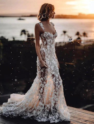 NumberSea - Beach Sexy Boho Wedding Dresses Mermaid / Trumpet Sweetheart Regular Straps Court Train Lace Bridal Gowns With Appliques Summer Fall Wedding Party