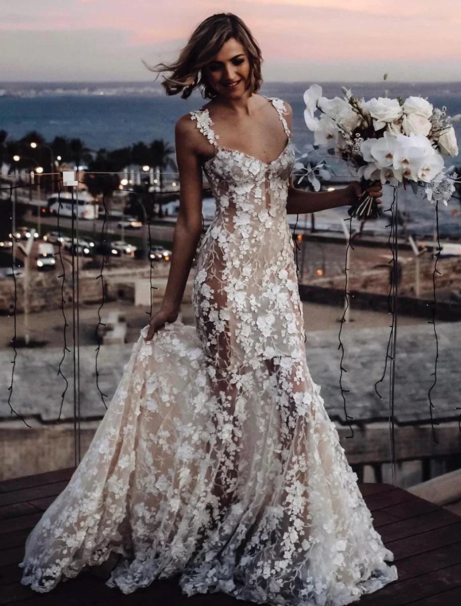 NumberSea - Beach Sexy Boho Wedding Dresses Mermaid / Trumpet Sweetheart Regular Straps Court Train Lace Bridal Gowns With Appliques Summer Fall Wedding Party