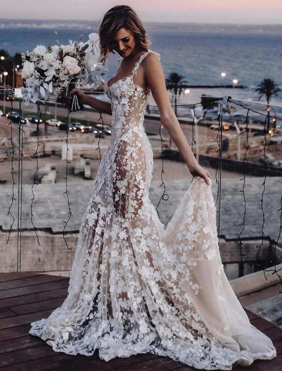 NumberSea - Beach Sexy Boho Wedding Dresses Mermaid / Trumpet Sweetheart Regular Straps Court Train Lace Bridal Gowns With Appliques Summer Fall Wedding Party