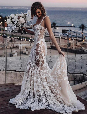NumberSea - Beach Sexy Boho Wedding Dresses Mermaid / Trumpet Sweetheart Regular Straps Court Train Lace Bridal Gowns With Appliques Summer Fall Wedding Party