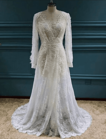NumberSea - Beach Sexy Boho Wedding Dresses Sweep / Brush Train A - Line Long Sleeve V Neck Lace With Appliques Split Front