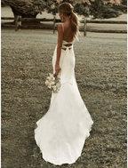 NumberSea - Beach Sexy Casual Wedding Dresses Sweep / Brush Train Sheath / Column Sleeveless Square Spaghetti Strap Stretch Fabric With Ruched Split Front