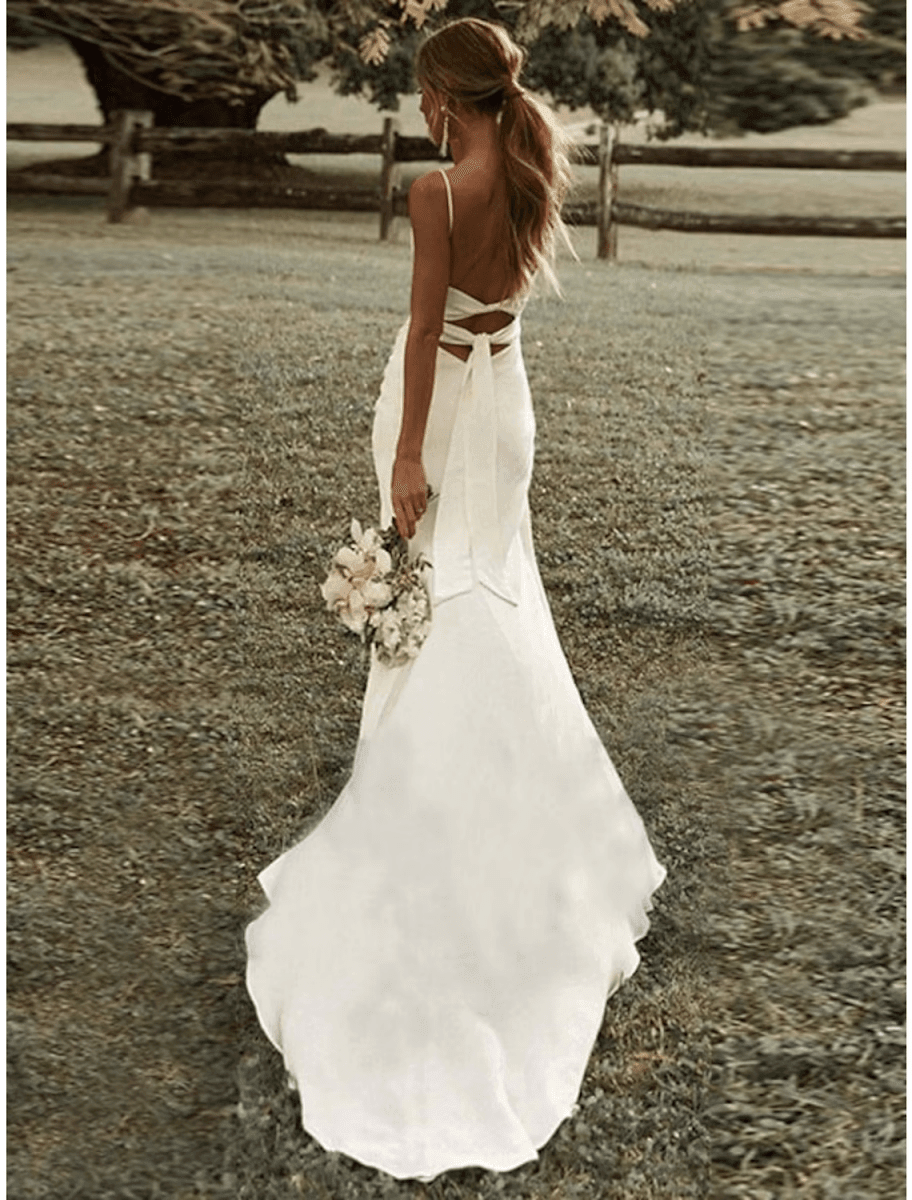 NumberSea - Beach Sexy Casual Wedding Dresses Sweep / Brush Train Sheath / Column Sleeveless Square Spaghetti Strap Stretch Fabric With Ruched Split Front