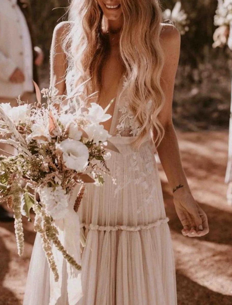 NumberSea - Beach Sexy V Neck Sleeveless Floor Length Tulle Bridal Gowns With Wedding Dresses