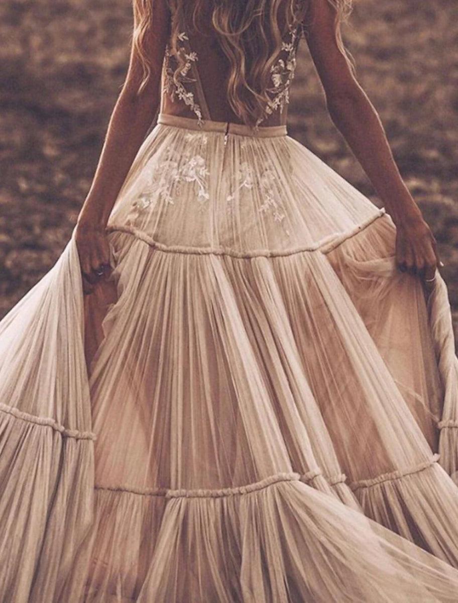 NumberSea - Beach Sexy V Neck Sleeveless Floor Length Tulle Bridal Gowns With Wedding Dresses