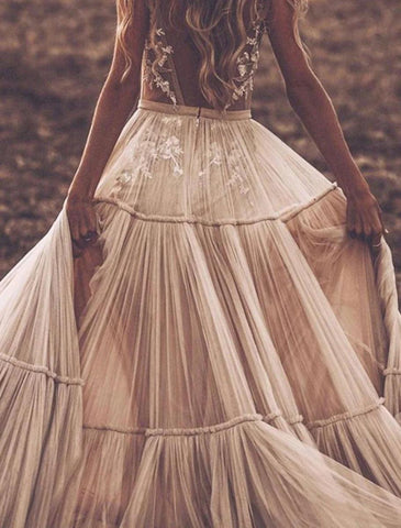 NumberSea - Beach Sexy V Neck Sleeveless Floor Length Tulle Bridal Gowns With Wedding Dresses