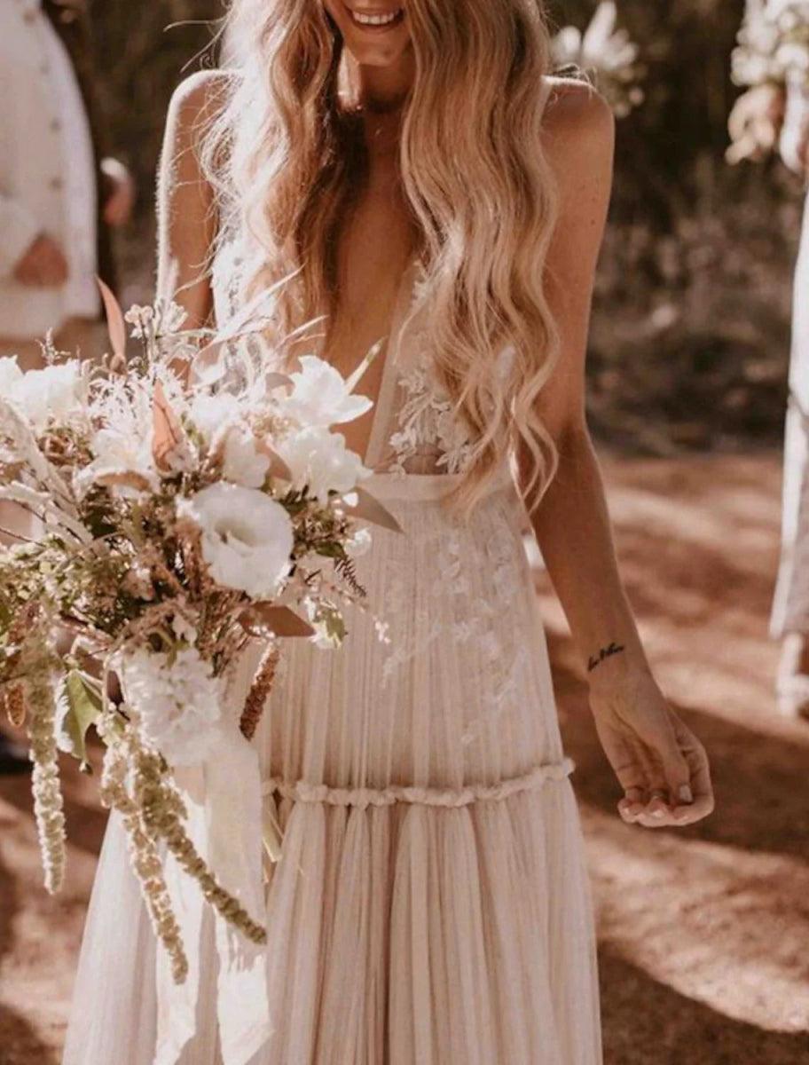 NumberSea - Beach Sexy V Neck Sleeveless Floor Length Tulle Bridal Gowns With Wedding Dresses