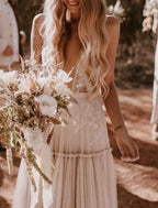 NumberSea - Beach Sexy V Neck Sleeveless Floor Length Tulle Bridal Gowns With Wedding Dresses