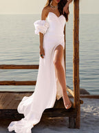 NumberSea - Beach Sexy Wedding Dresses Court Train Sheath / Column Short Sleeve Strapless Chiffon With Split Front