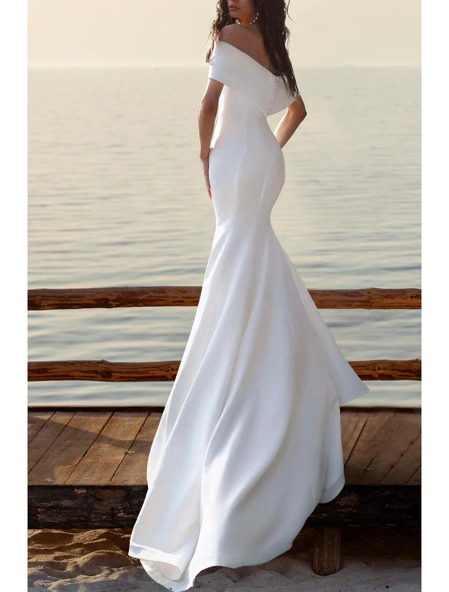 NumberSea - Beach Simple Mermaid / Trumpet Off Shoulder Cap Sleeve Court Train Satin Wedding Dresses Bridal Gowns