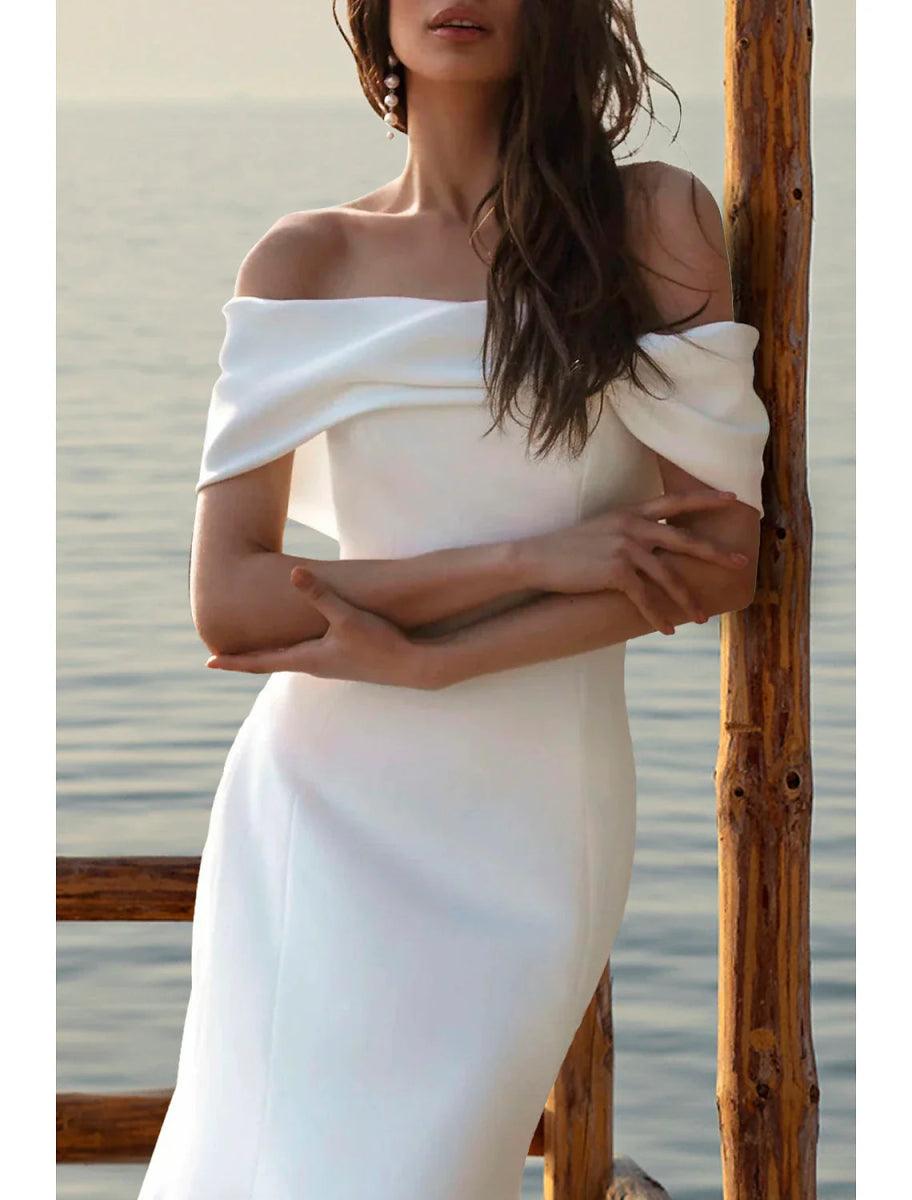 NumberSea - Beach Simple Mermaid / Trumpet Off Shoulder Cap Sleeve Court Train Satin Wedding Dresses Bridal Gowns