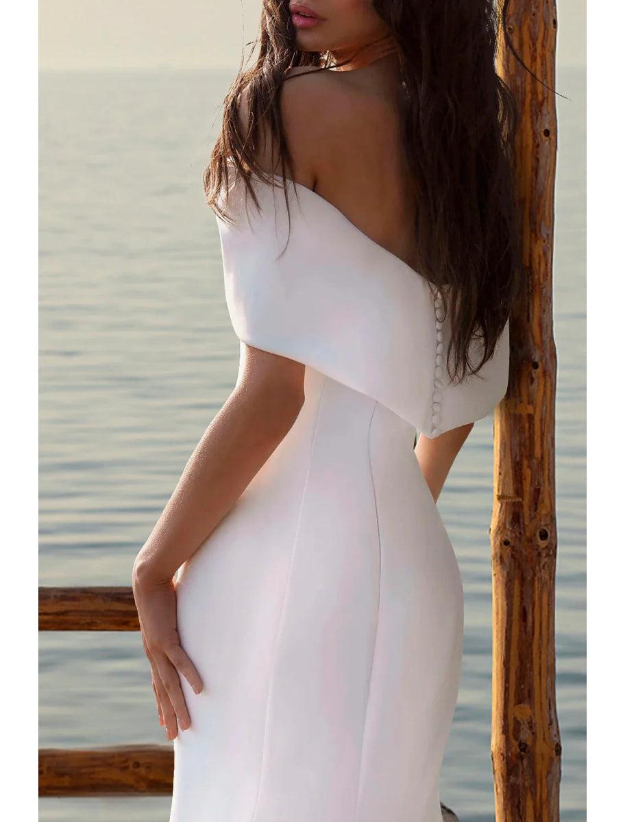 NumberSea - Beach Simple Mermaid / Trumpet Off Shoulder Cap Sleeve Court Train Satin Wedding Dresses Bridal Gowns