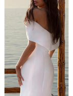 NumberSea - Beach Simple Mermaid / Trumpet Off Shoulder Cap Sleeve Court Train Satin Wedding Dresses Bridal Gowns