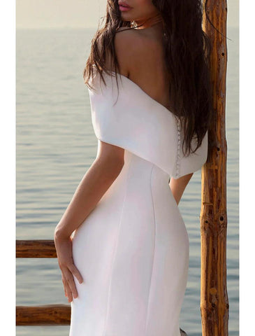 NumberSea - Beach Simple Mermaid / Trumpet Off Shoulder Cap Sleeve Court Train Satin Wedding Dresses Bridal Gowns