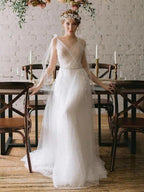 NumberSea - Beach V Neck A Line Tulle With Pearls Court Wedding Dresses