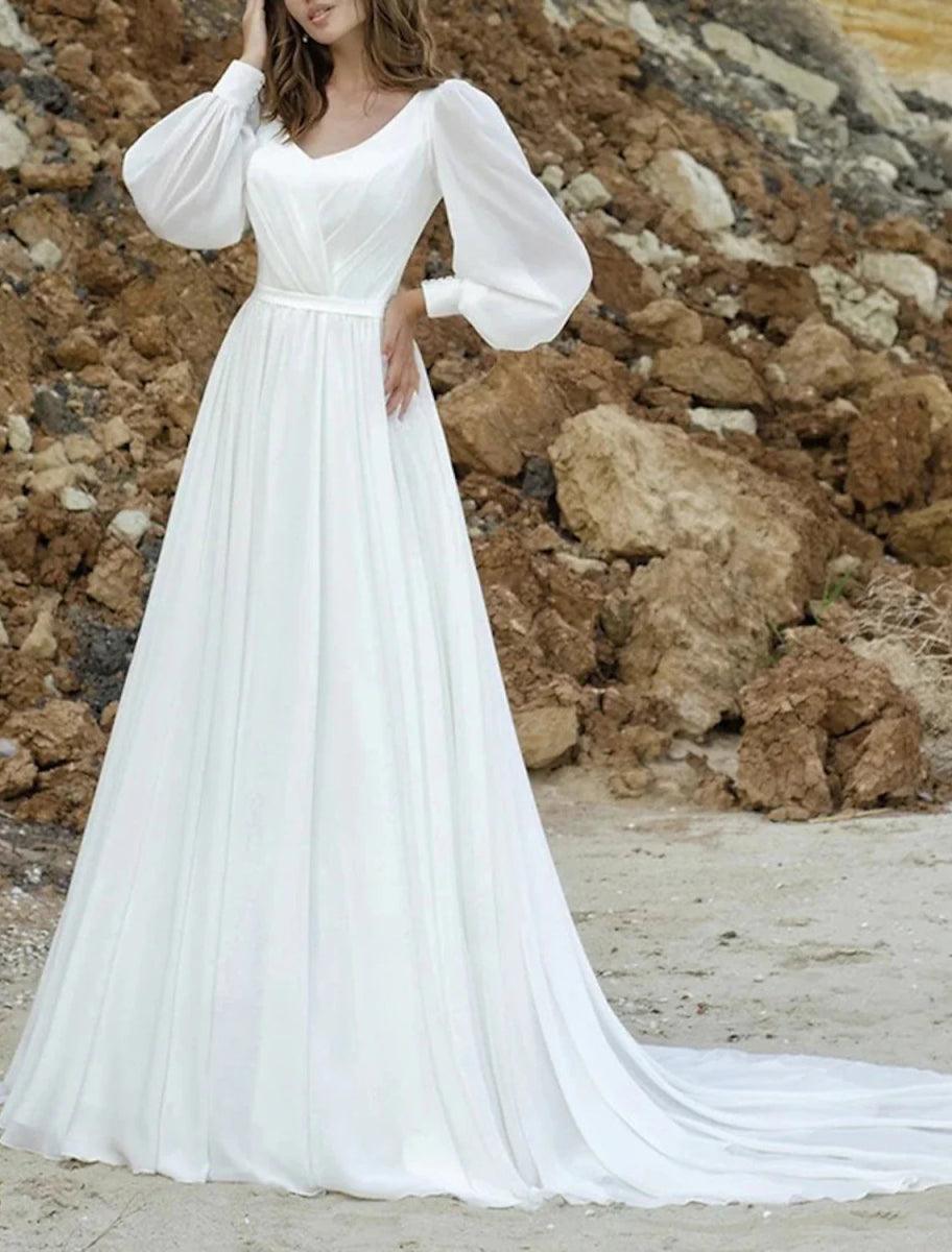 NumberSea - Beach Vintage 1940s / 1950s Wedding Dresses A - Line V Neck Long Sleeve Court Train Chiffon Bridal Gowns With Solid Color