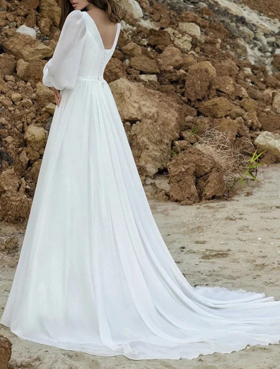 NumberSea-Beach Vintage 1940s / 1950s Wedding Dresses A-Line V Neck Long Sleeve Court Train Chiffon Bridal Gowns With Solid Color