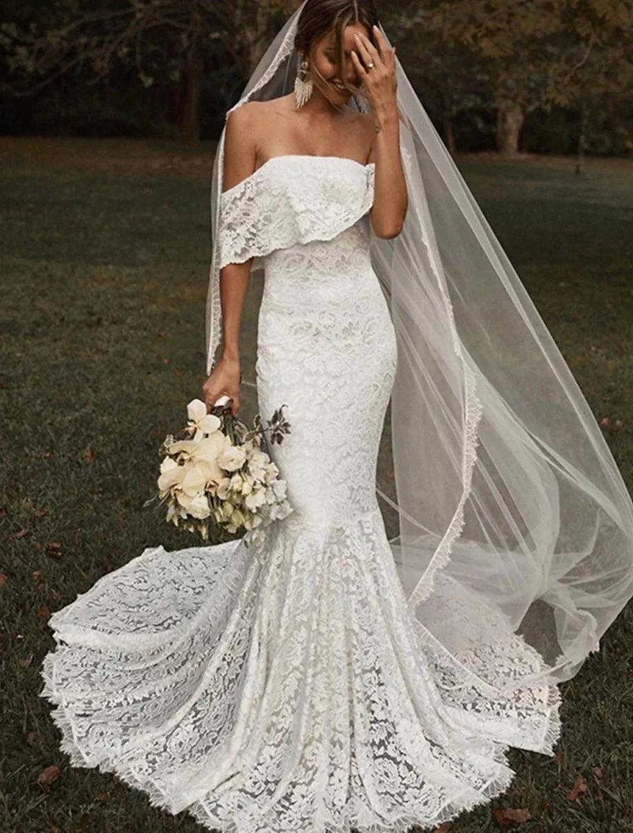 NumberSea - Beach Vintage Boho Wedding Dresses Mermaid / Trumpet Off Shoulder Short Sleeve Court Train Lace Bridal Gowns With Solid Color