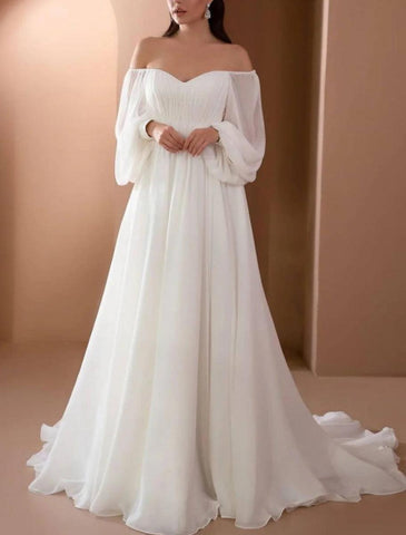 NumberSea - Beach Vintage Off Shoulder Long Sleeve Court Train Chiffon Bridal Gowns With Pleats Beading Wedding Dresses