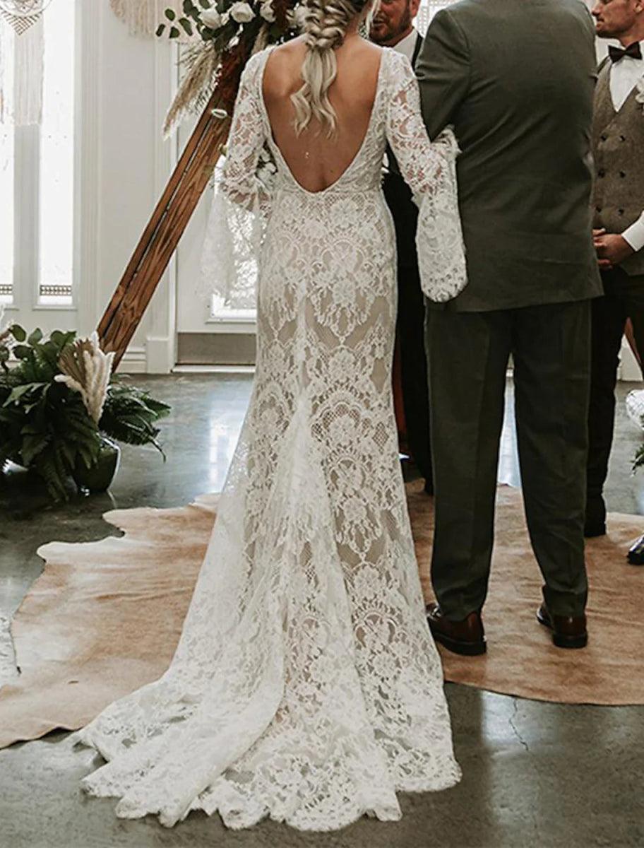NumberSea - Beach Vintage Open Back Boho Wedding Dresses Mermaid / Trumpet V Neck Long Sleeve Court Train Lace Bridal Gowns With Appliques