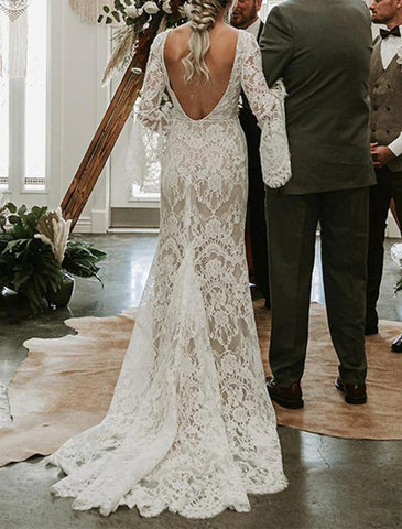 NumberSea - Beach Vintage Open Back Boho Wedding Dresses Mermaid / Trumpet V Neck Long Sleeve Court Train Lace Bridal Gowns With Appliques
