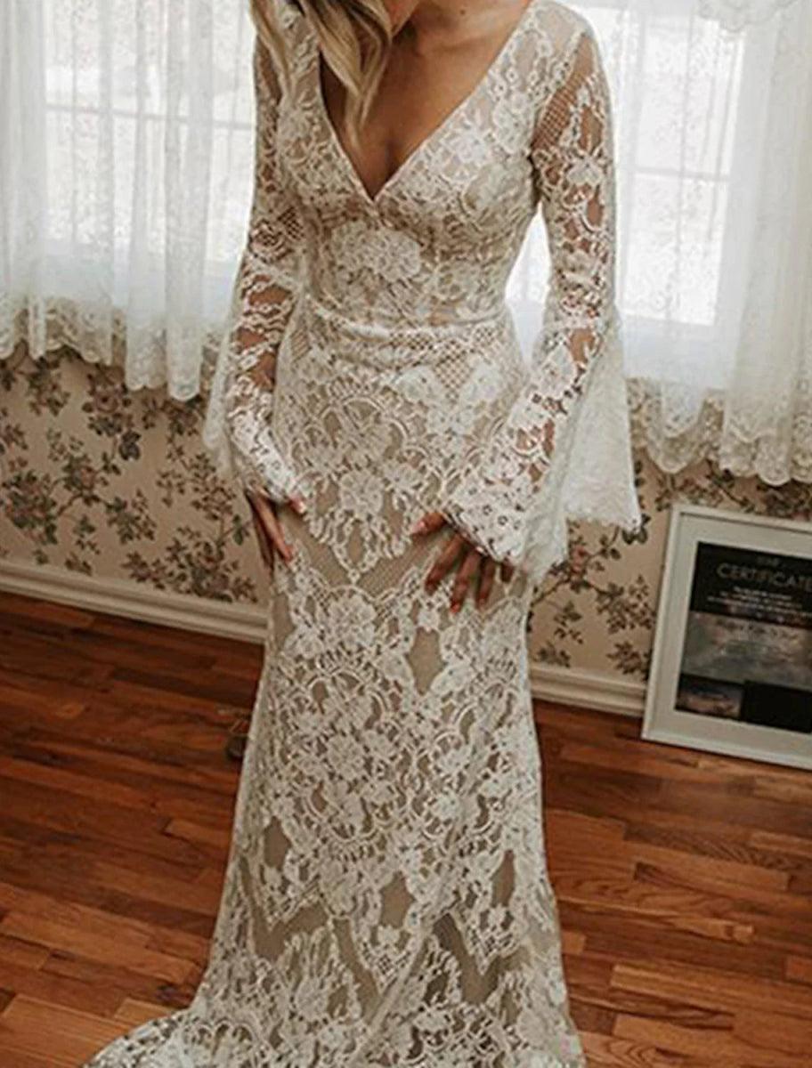 NumberSea - Beach Vintage Open Back Boho Wedding Dresses Mermaid / Trumpet V Neck Long Sleeve Court Train Lace Bridal Gowns With Appliques