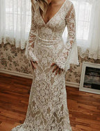 NumberSea - Beach Vintage Open Back Boho Wedding Dresses Mermaid / Trumpet V Neck Long Sleeve Court Train Lace Bridal Gowns With Appliques