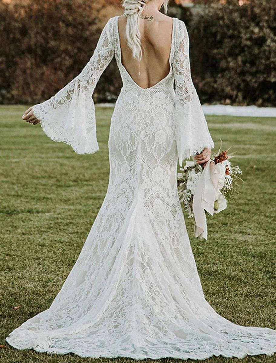 NumberSea - Beach Vintage Open Back Boho Wedding Dresses Mermaid / Trumpet V Neck Long Sleeve Court Train Lace Bridal Gowns With Appliques