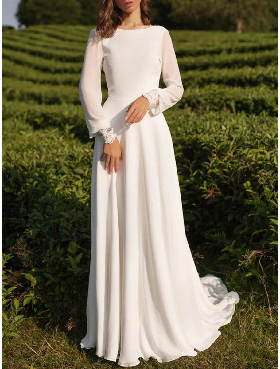 NumberSea - Beach Vintage Open Back Wedding Dresses A - Line Scoop Neck Long Sleeve Sweep / Brush Train Chiffon Bridal Gowns With Appliques
