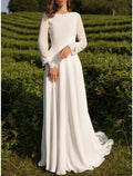 NumberSea - Beach Vintage Open Back Wedding Dresses A - Line Scoop Neck Long Sleeve Sweep / Brush Train Chiffon Bridal Gowns With Appliques