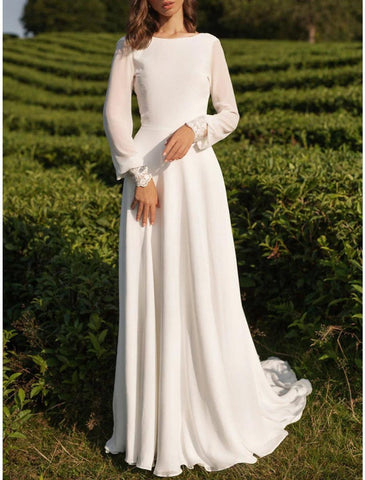NumberSea - Beach Vintage Open Back Wedding Dresses A - Line Scoop Neck Long Sleeve Sweep / Brush Train Chiffon Bridal Gowns With Appliques
