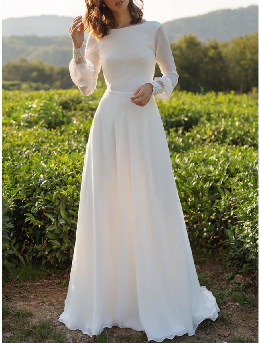 NumberSea - Beach Vintage Open Back Wedding Dresses A - Line Scoop Neck Long Sleeve Sweep / Brush Train Chiffon Bridal Gowns With Appliques