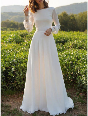 NumberSea - Beach Vintage Open Back Wedding Dresses A - Line Scoop Neck Long Sleeve Sweep / Brush Train Chiffon Bridal Gowns With Appliques