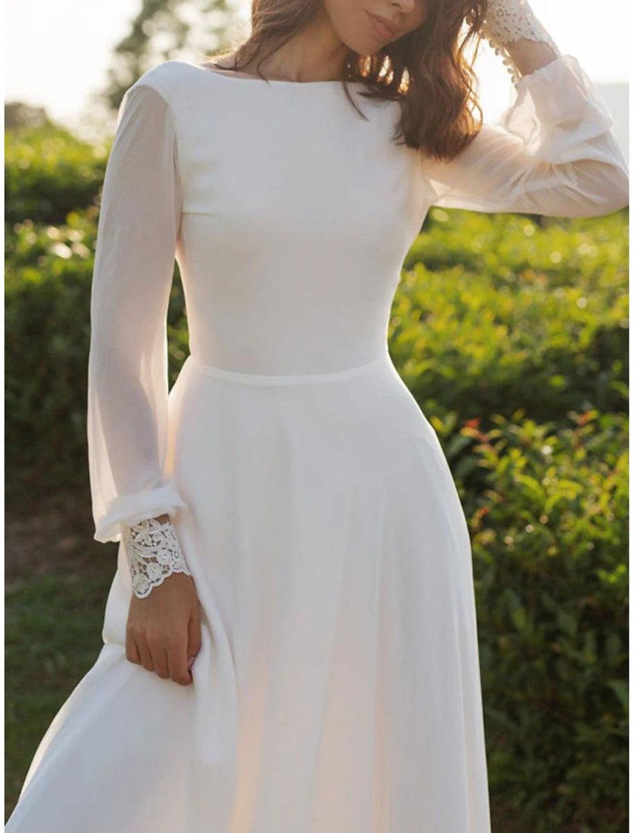 NumberSea - Beach Vintage Open Back Wedding Dresses A - Line Scoop Neck Long Sleeve Sweep / Brush Train Chiffon Bridal Gowns With Appliques