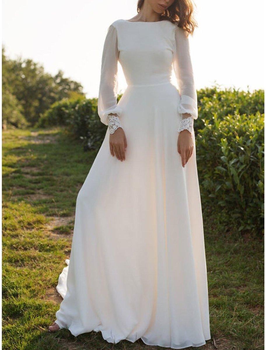 NumberSea - Beach Vintage Open Back Wedding Dresses A - Line Scoop Neck Long Sleeve Sweep / Brush Train Chiffon Bridal Gowns With Appliques