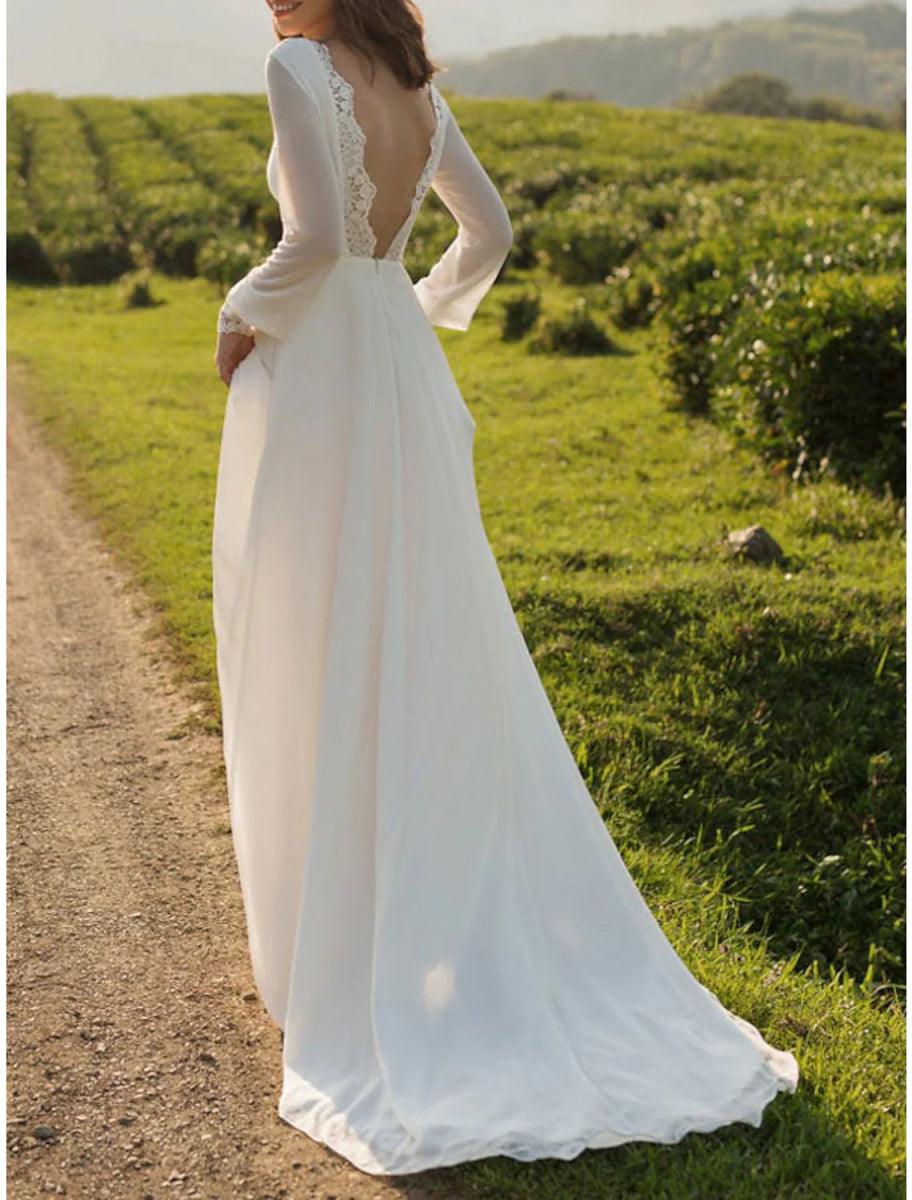 NumberSea - Beach Vintage Open Back Wedding Dresses A - Line Scoop Neck Long Sleeve Sweep / Brush Train Chiffon Bridal Gowns With Appliques