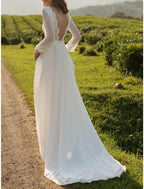 NumberSea - Beach Vintage Open Back Wedding Dresses A - Line Scoop Neck Long Sleeve Sweep / Brush Train Chiffon Bridal Gowns With Appliques