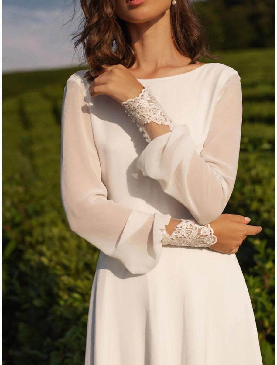 NumberSea - Beach Vintage Open Back Wedding Dresses A - Line Scoop Neck Long Sleeve Sweep / Brush Train Chiffon Bridal Gowns With Appliques