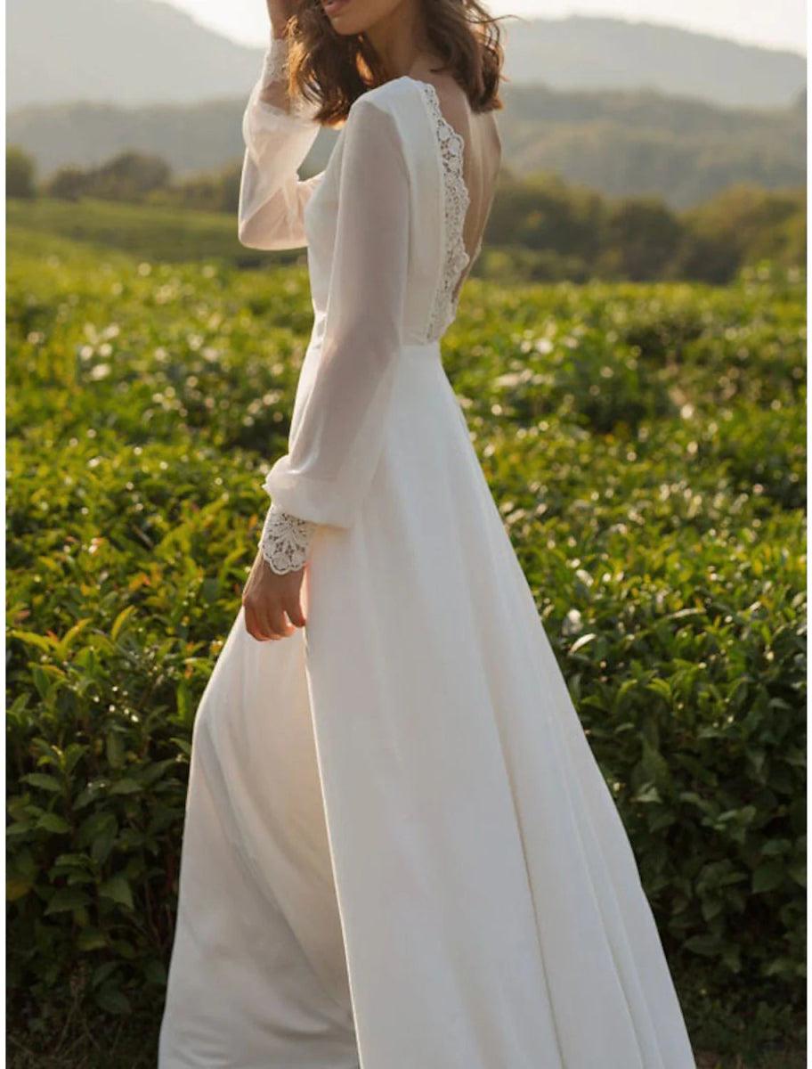 NumberSea - Beach Vintage Open Back Wedding Dresses A - Line Scoop Neck Long Sleeve Sweep / Brush Train Chiffon Bridal Gowns With Appliques