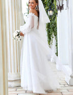 NumberSea - Beach Wedding Dresses A - Line Off Shoulder Long Sleeve Floor Length Tulle Bridal Gowns With Lace Insert Appliques