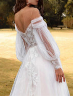 NumberSea - Beach Wedding Dresses A - Line Off Shoulder Long Sleeve Sweep / Brush Train Lace Bridal Gowns With Pleats Appliques