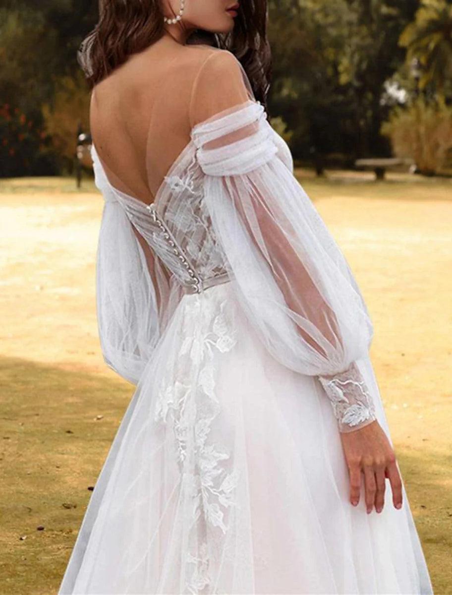 NumberSea - Beach Wedding Dresses A - Line Off Shoulder Long Sleeve Sweep / Brush Train Lace Bridal Gowns With Pleats Appliques